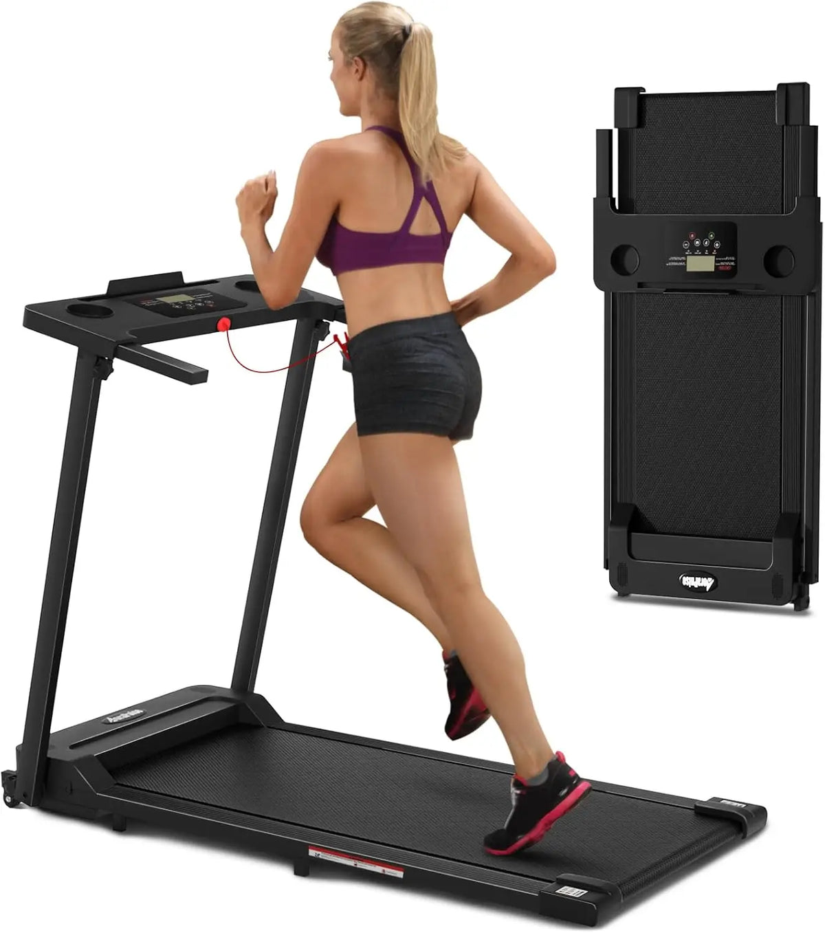 Woman running on a black treadmill, with an inset showing the treadmill folded upright.