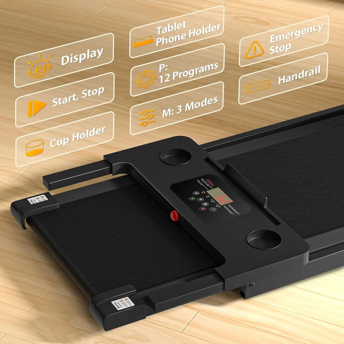 Folded black treadmill with labels identifying the display, controls, holders and emergency stop.
