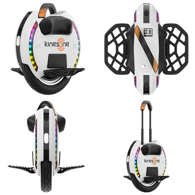 Four views of a black KingSong electric unicycle showing pedals, multicolor side lights and an extended trolley handle.
