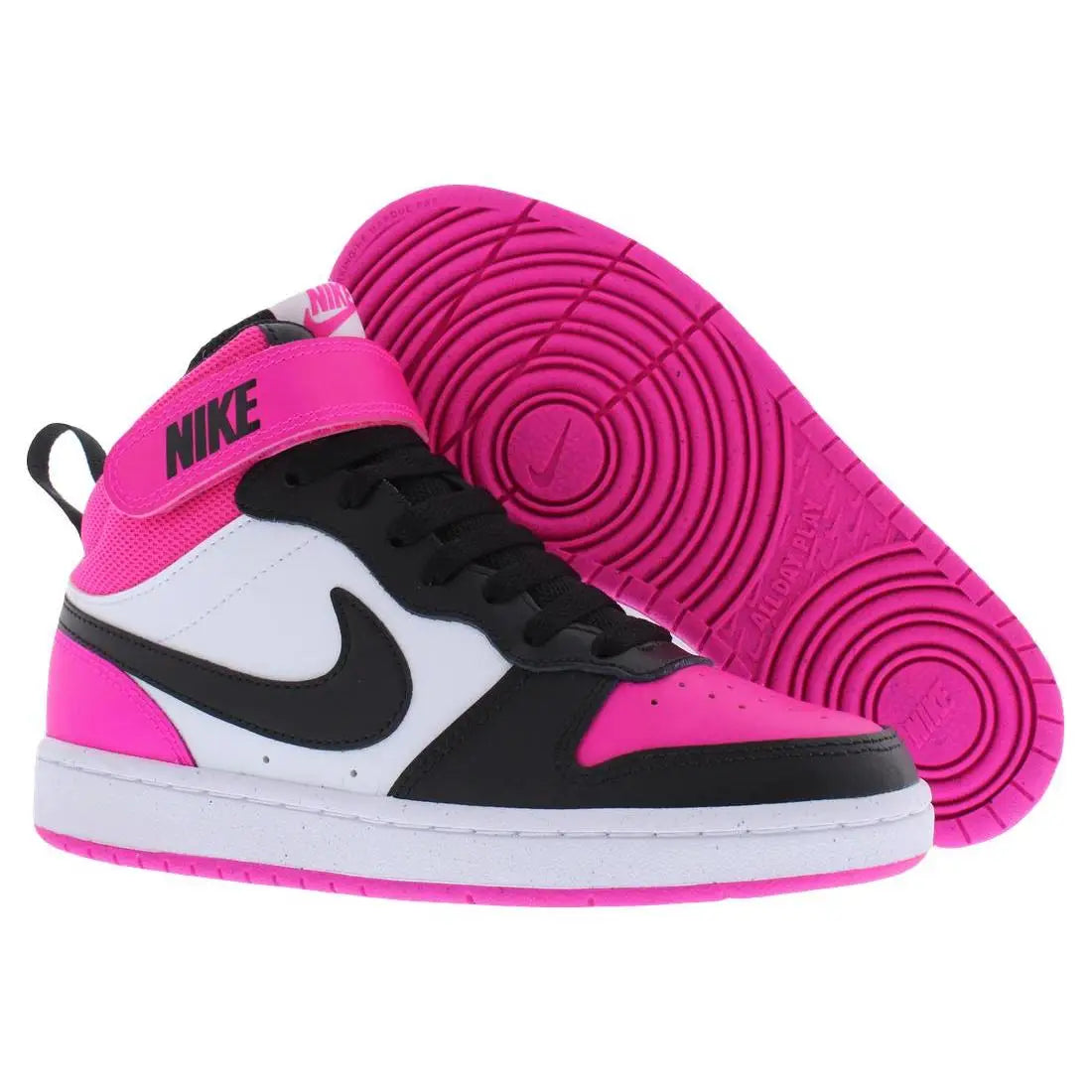 A pair of Nike high-top sneakers in a vibrant pink, white, and black colorway, with one shoe showing the side profile and the other showing the textured pink outsole.