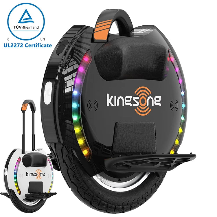 Black KingSong electric unicycle with multicolor lights and an extended pedal, beside a smaller white version with its handle raised.