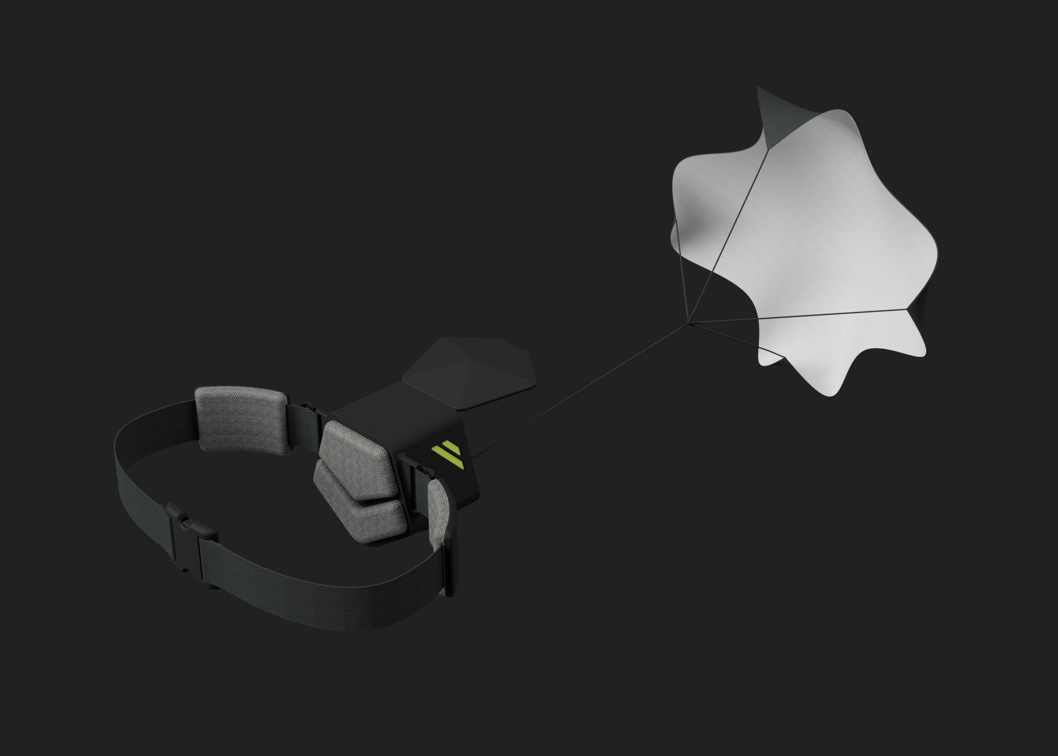 waist-mounted device with a reflective parachute on a black background