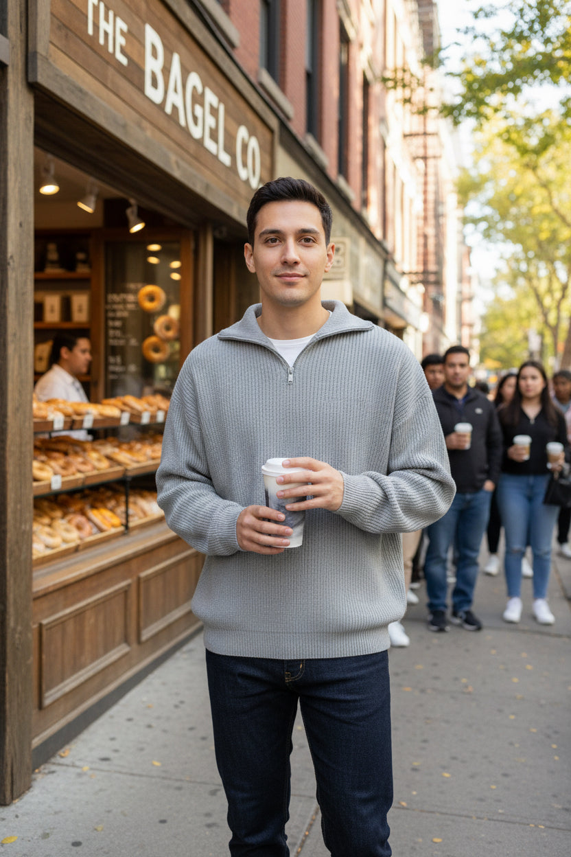 Person wearing a gray sweater holding a clear cup with a dark beverage.