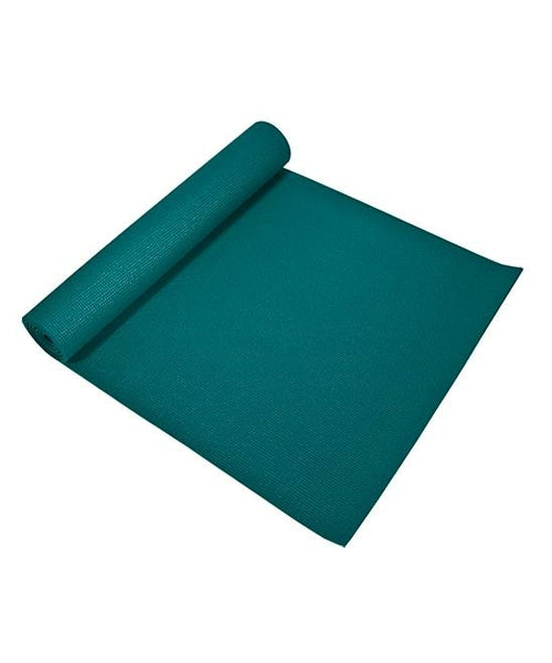 Teal yoga mat rolled up on a white background