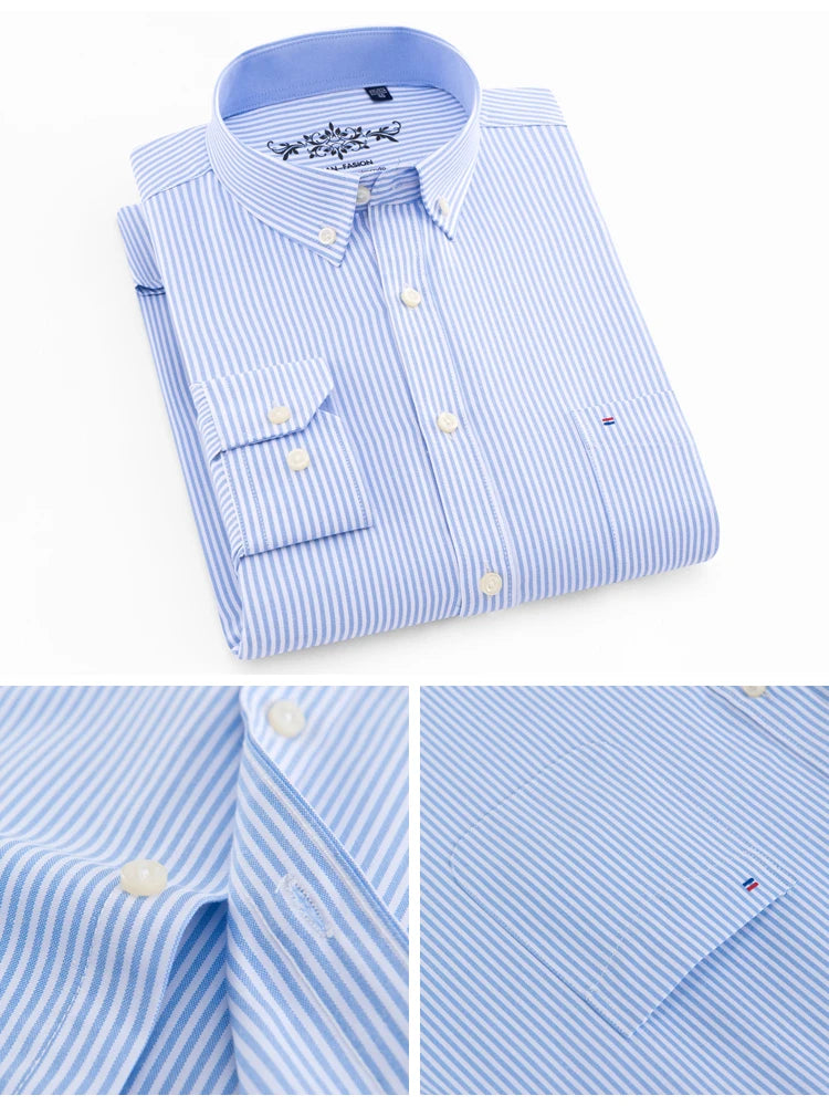 Folded blue and white striped dress shirt with brand logo on a white background
