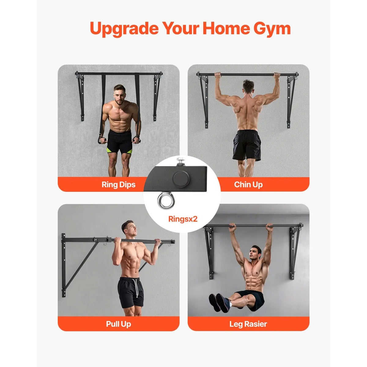 Exercise collage showing ring dips, chin-ups, pull-ups and hanging leg raises, with a close-up of an attachment eyelet.