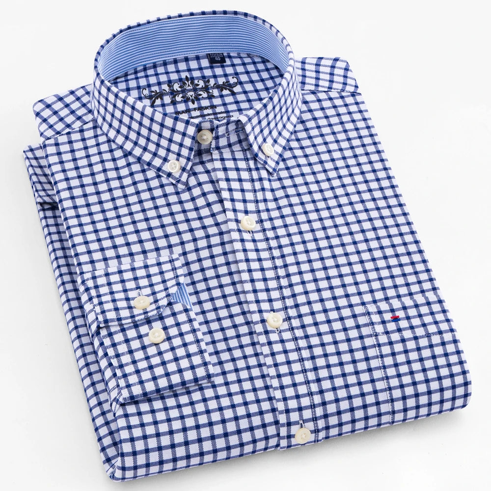 Folded blue and white checkered shirt on a white background