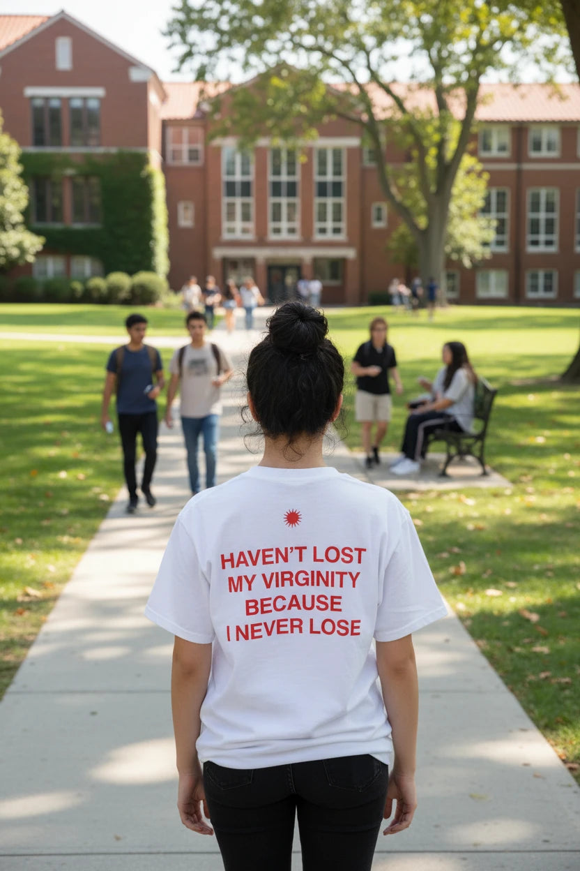Person wearing a white t-shirt with red text in an outdoor setting