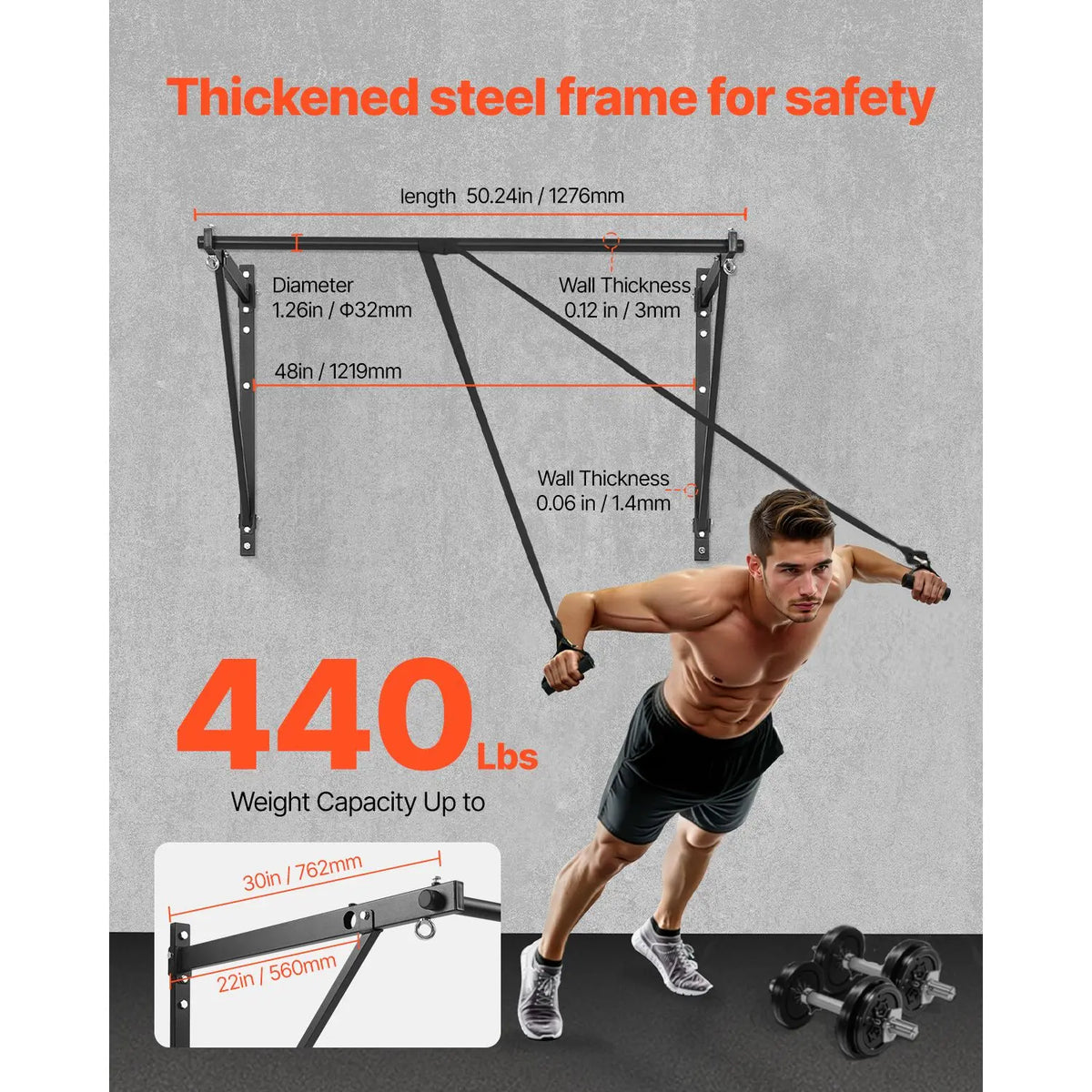Pull-up bar dimension diagram with 22- and 30-inch depth settings, a 440 lb capacity label and a man using suspension straps.