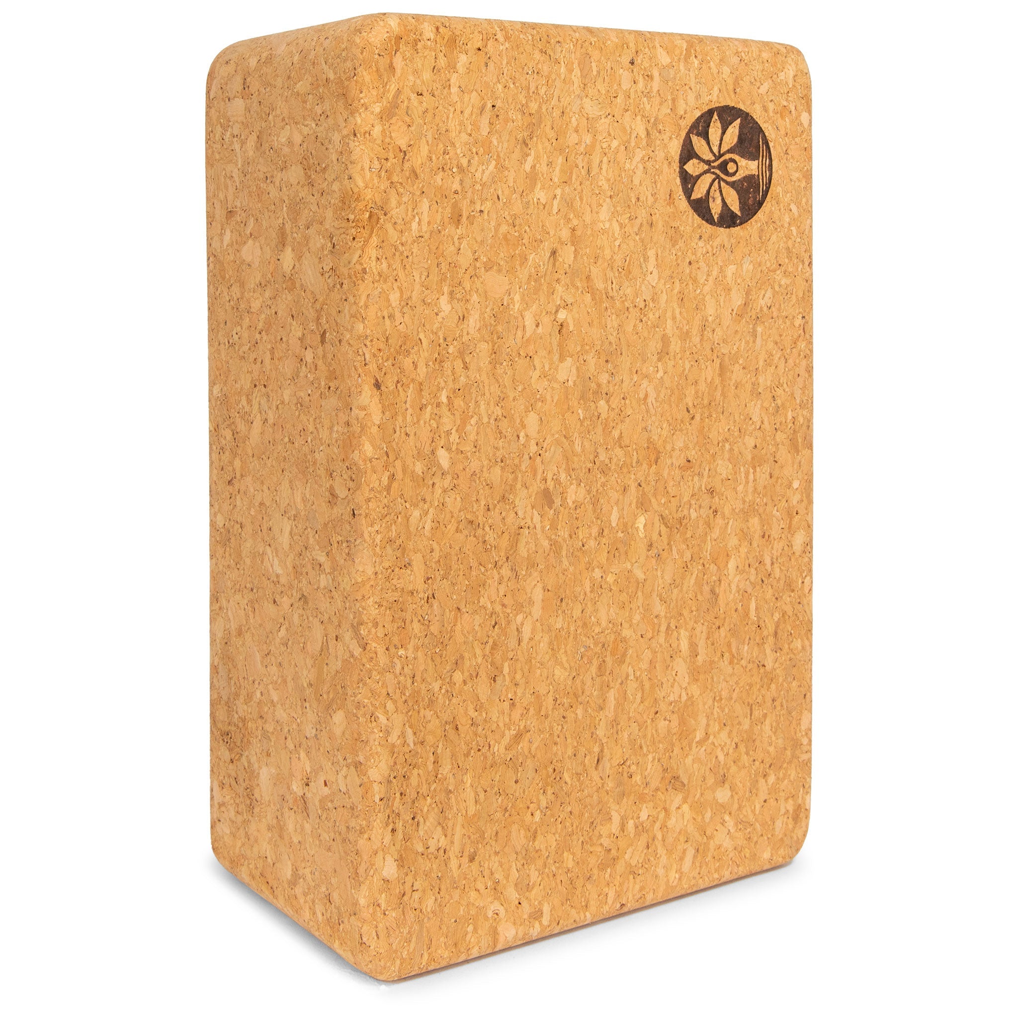 Cork yoga block with a logo on a white background