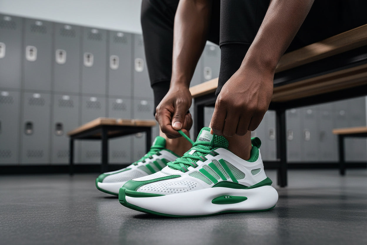Green and white sneakers worn by a person on a blurred urban background