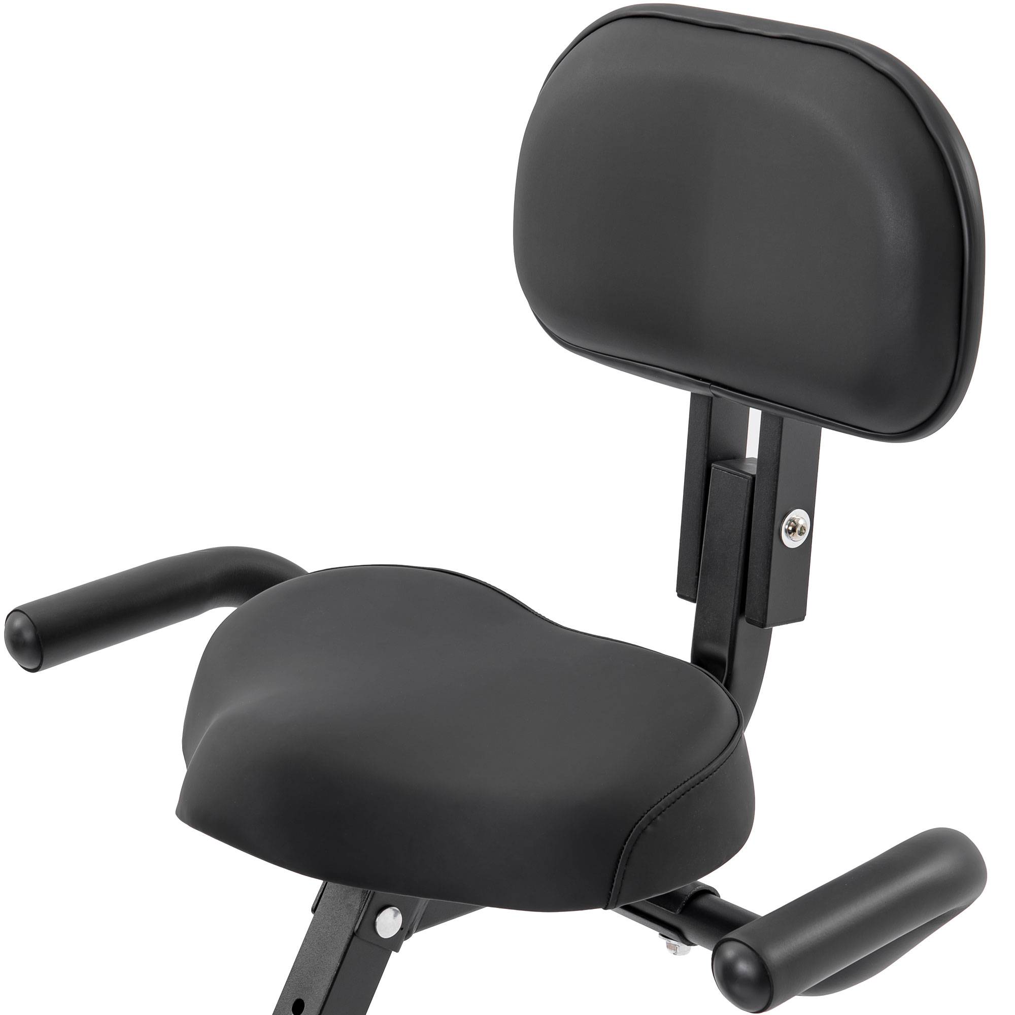 Black motorcycle seat with backrest and armrests on a white background