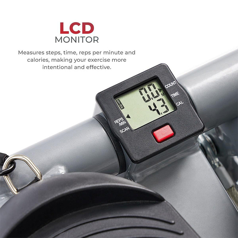 Digital monitor on a piece of exercise equipment with LCD display and text about its features.