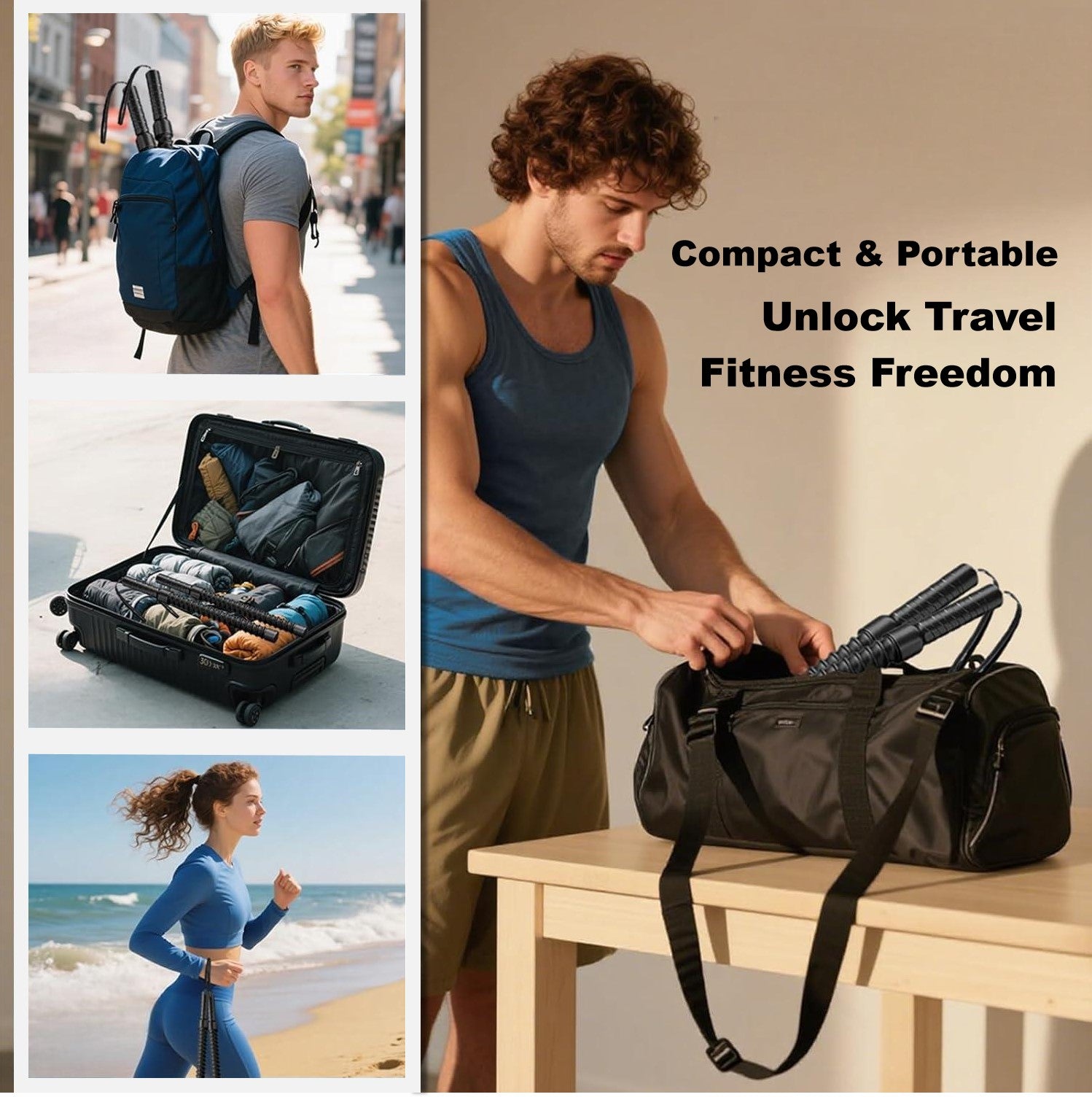 Collage of a man with fitness gear, a suitcase, and a beach scene with text 'Compact & Portable Unlock Travel Fitness Freedom'.