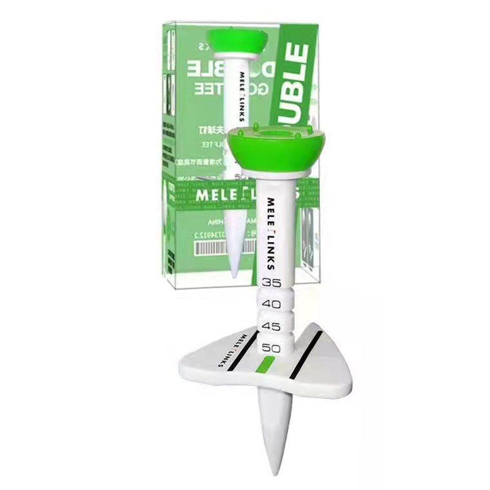 Golf tee with green top and white base, Melee Links branding, on a white background