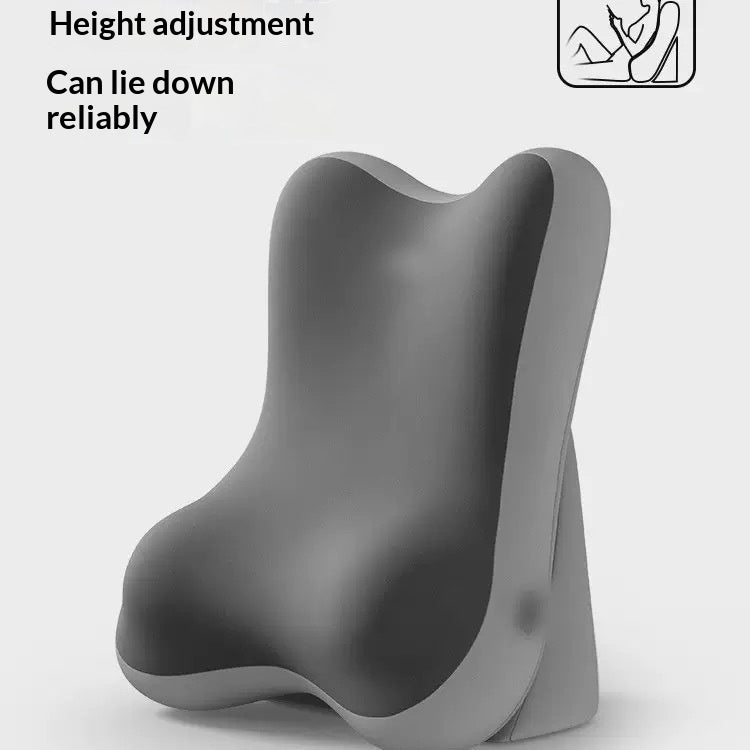 A gray contoured support pillow shown on a light gray background with text reading 'Height adjustment Can lie down reliably' and a small icon in the top right.