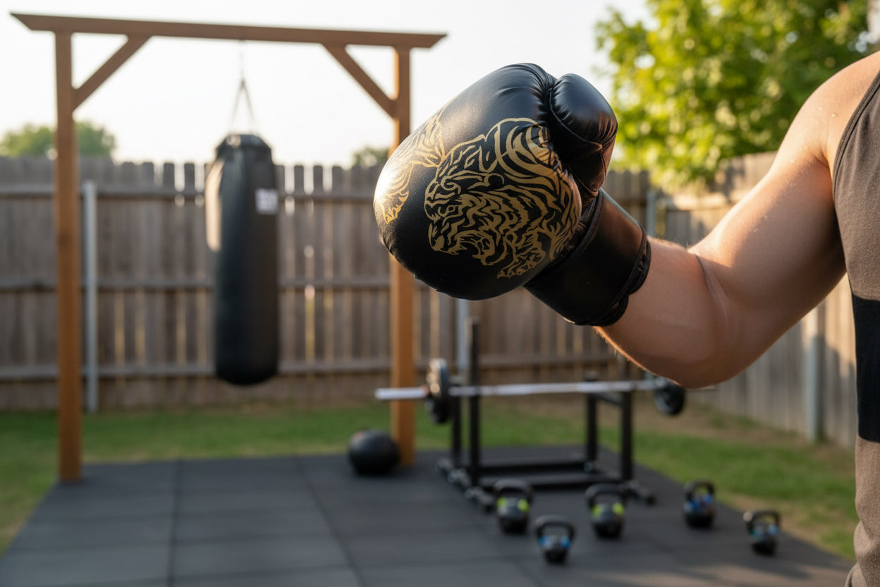A person in backyard gym wearing Black boxing glove with gold design