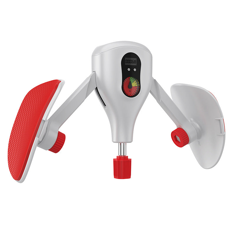 White and red device with digital display on a white background