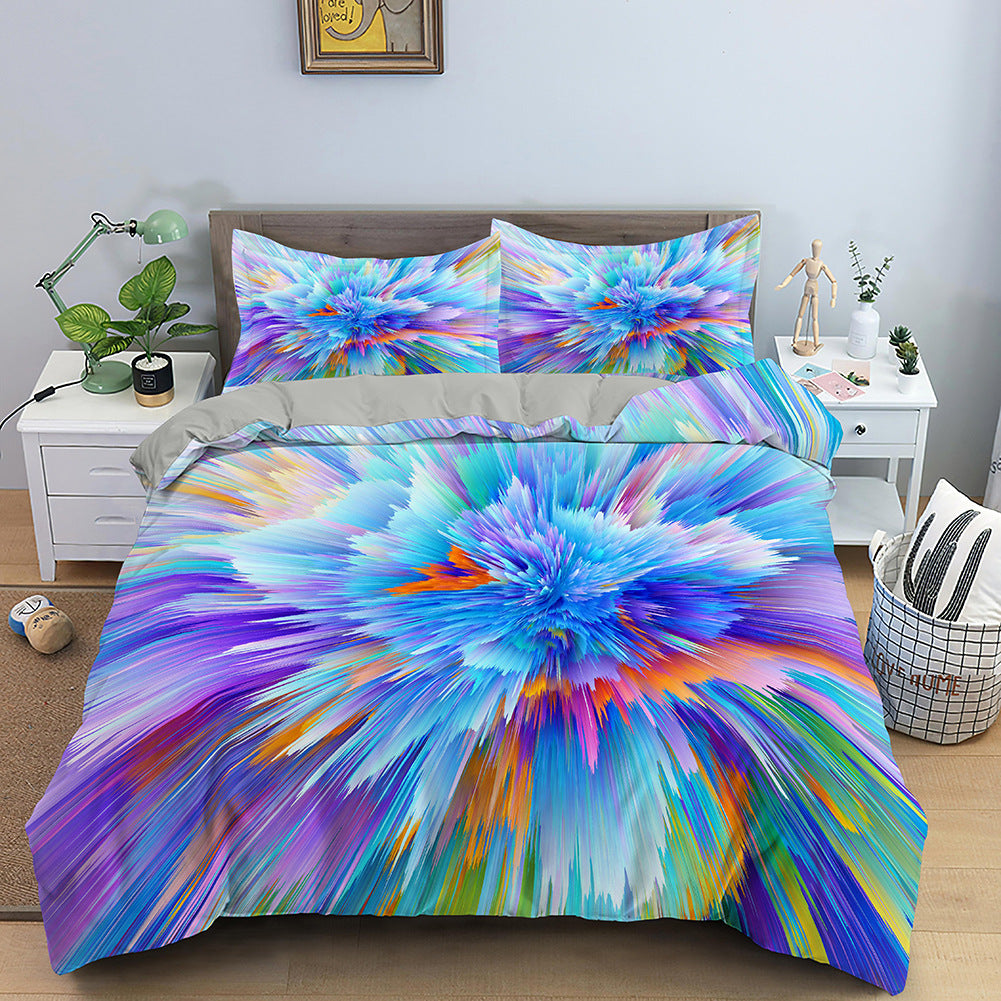 Colorful tie-dye bedspread set on a bed in a bedroom.
