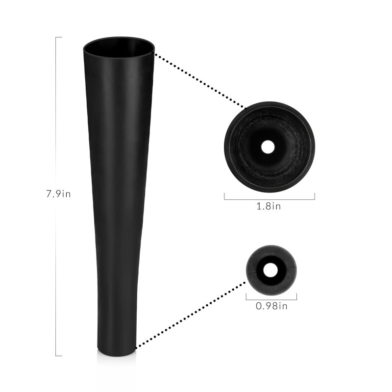 Black cylindrical object with measurements on a white background