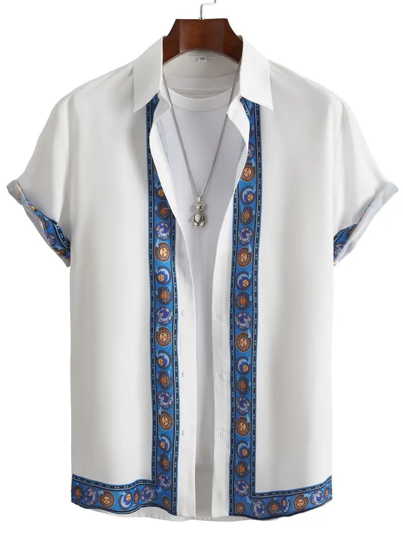 White shirt with blue and orange pattern on a white background