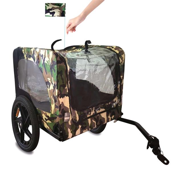 Camouflage-patterned pet stroller with a hand holding a flag on a white background