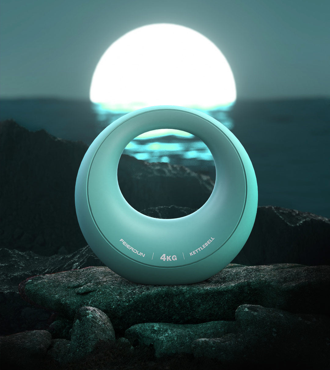 Teal exercise ball with a light on top, placed on a rocky surface with a dark background.