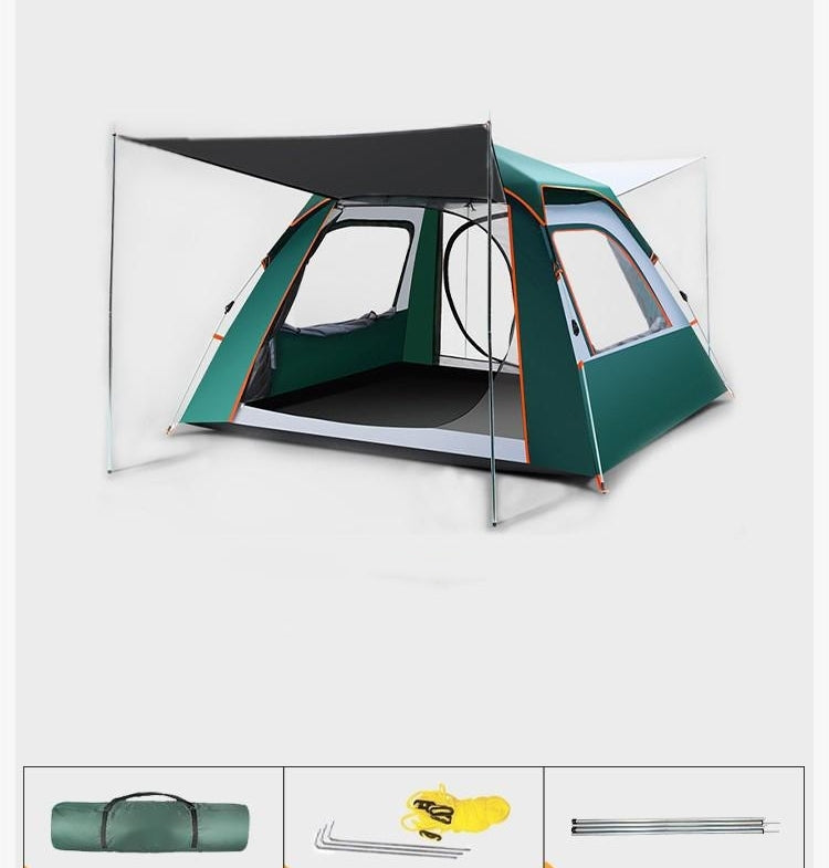 Green camping tent with accessories on a white background