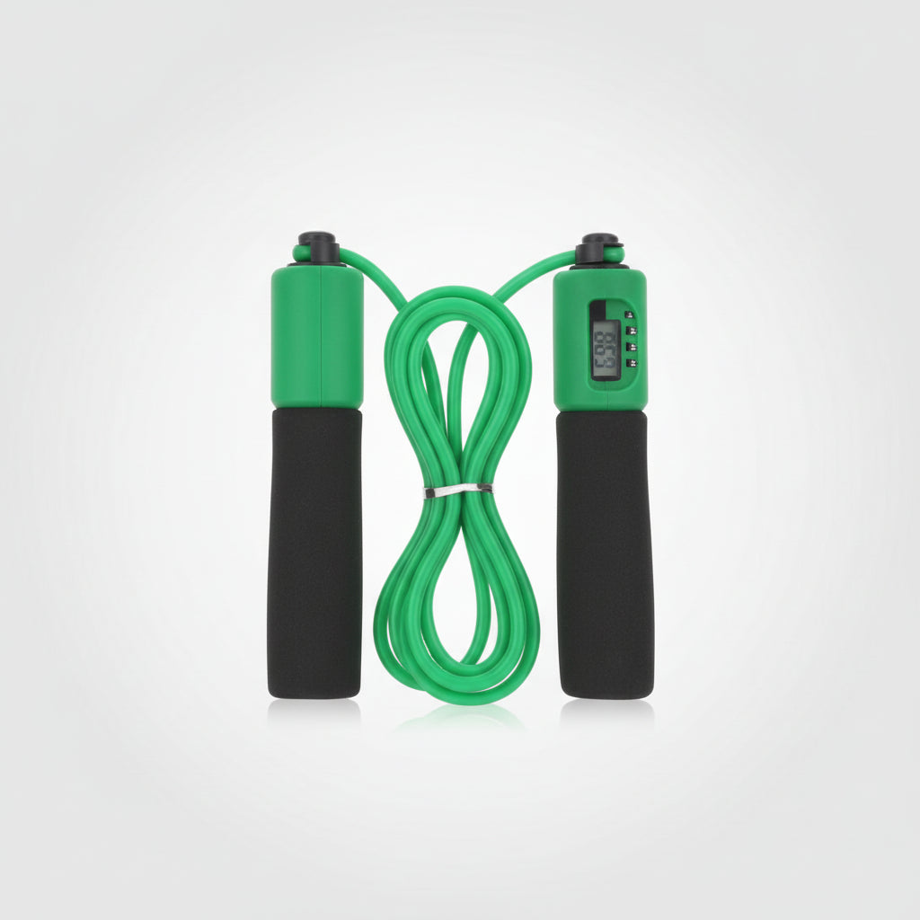 Two jump ropes, one green and black, the other red and black, on a white background.