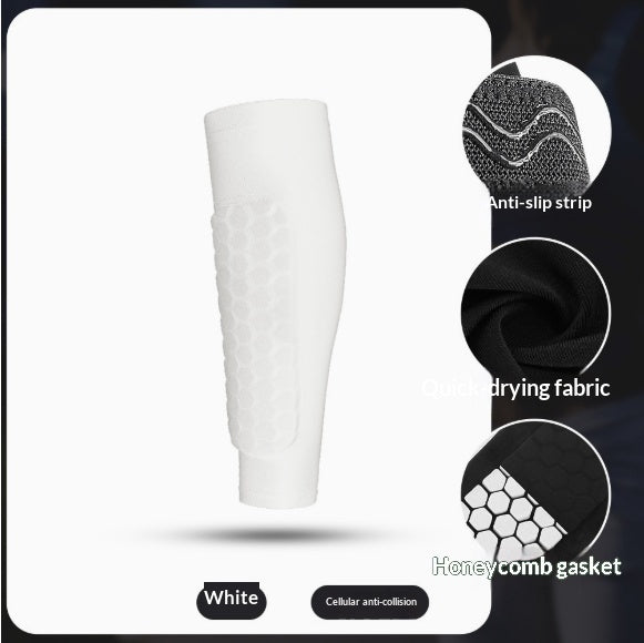 White athletic shin guard with a honeycomb texture, shown on a white background with three circular detail callouts highlighting anti-slip strip, quick-drying fabric, and honeycomb gasket features.