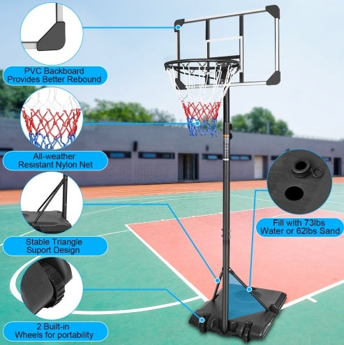 Basketball hoop with features highlighted on a court background
