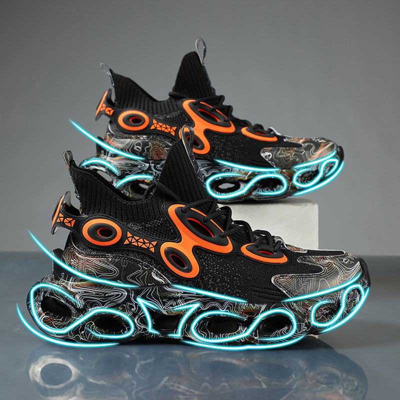 Black and orange sneakers with neon lights on a reflective surface and gray background