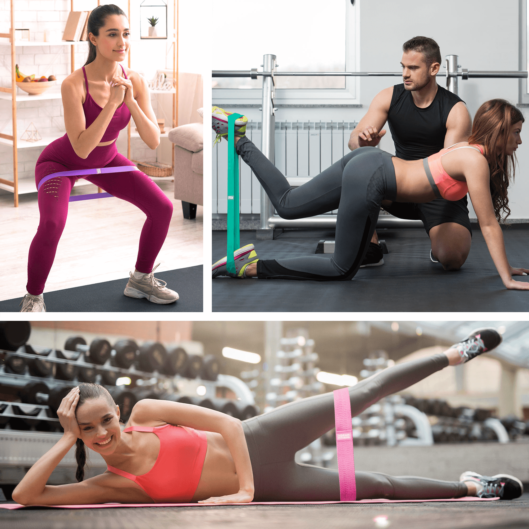 Four different scenes of people exercising with resistance bands in a home and gym setting.