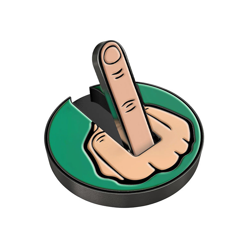 Button with a stylized hand giving the middle finger on a white background