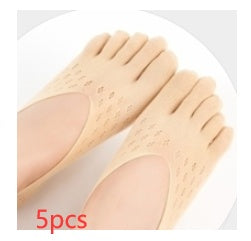 Beige socks with a circular border and '5pcs' text on a white background