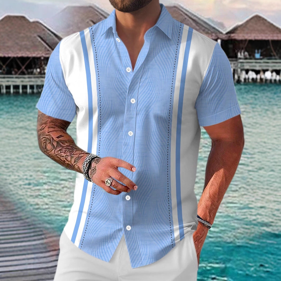 Man wearing a light blue and white patterned shirt with a tropical background