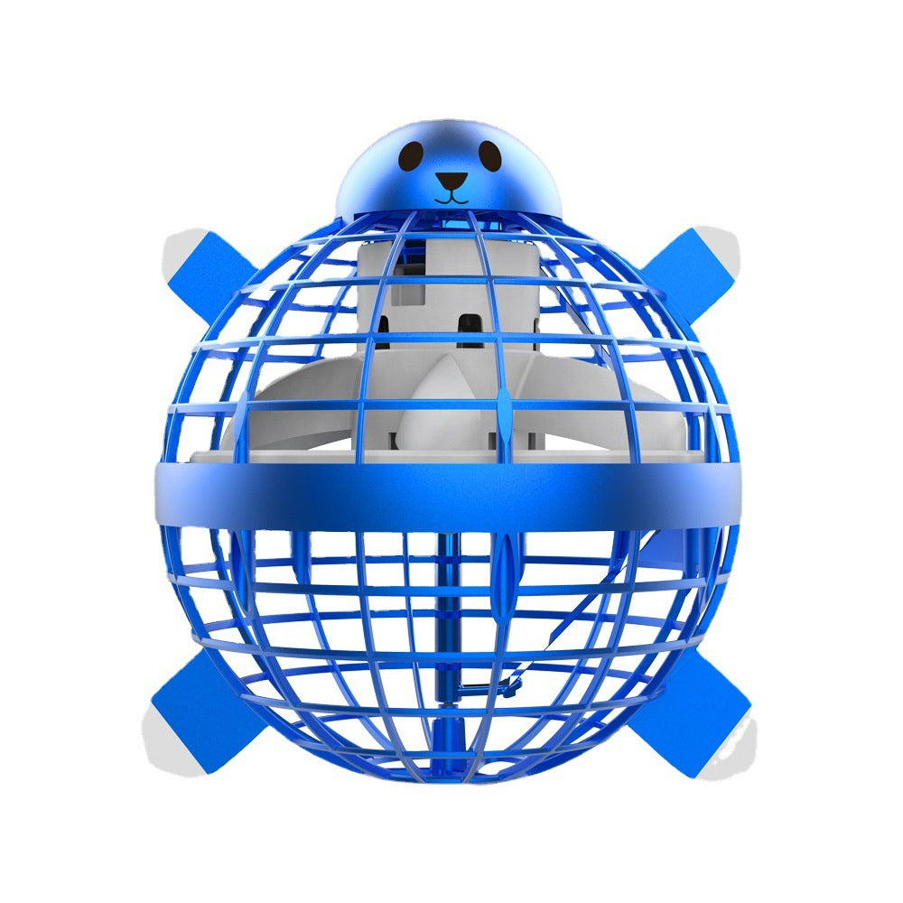 Blue and white toy drone with a cage-like structure on a white background