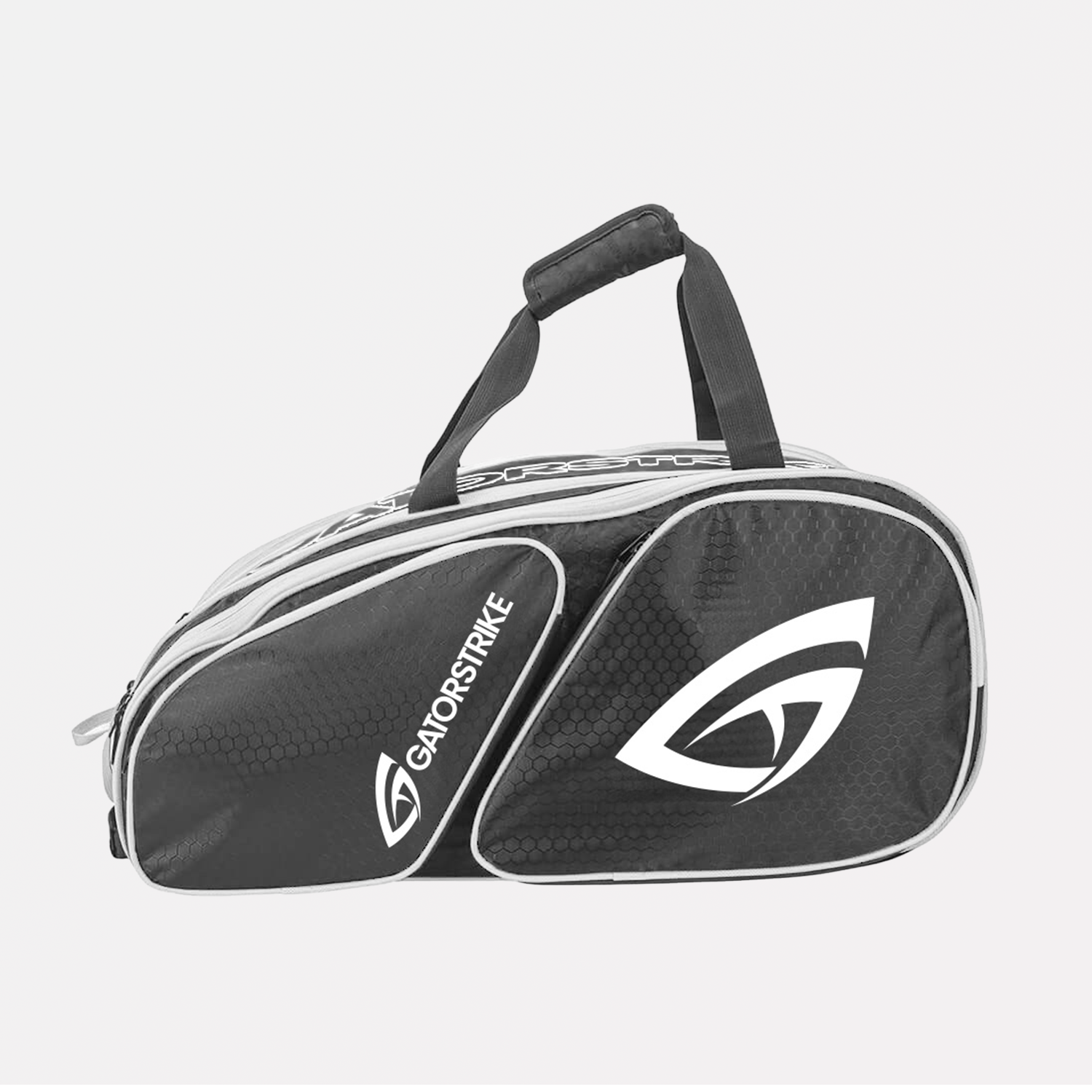 Black and white sports bag with Gatorstrike logo on a light gray background