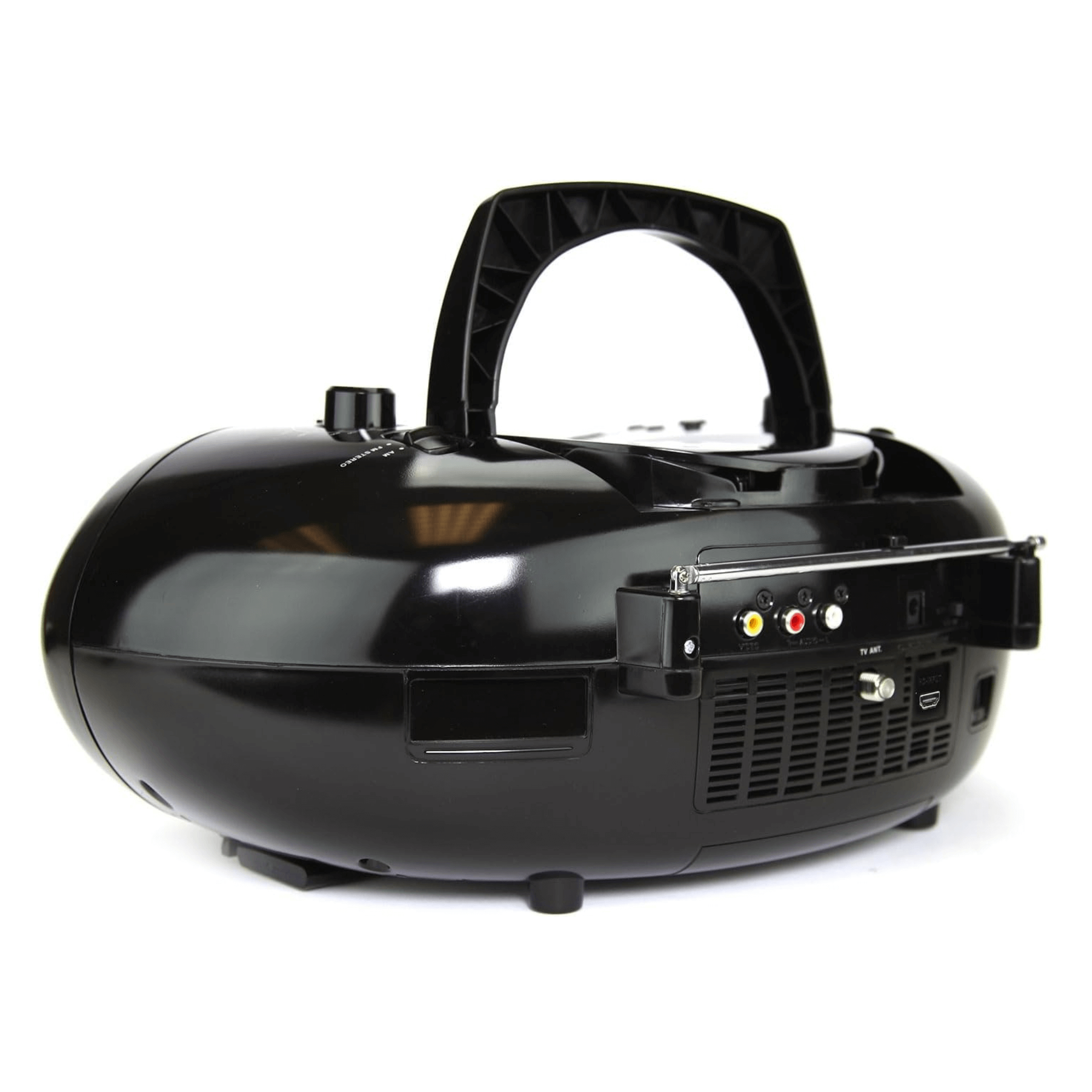 Black portable oven with handle on a white background