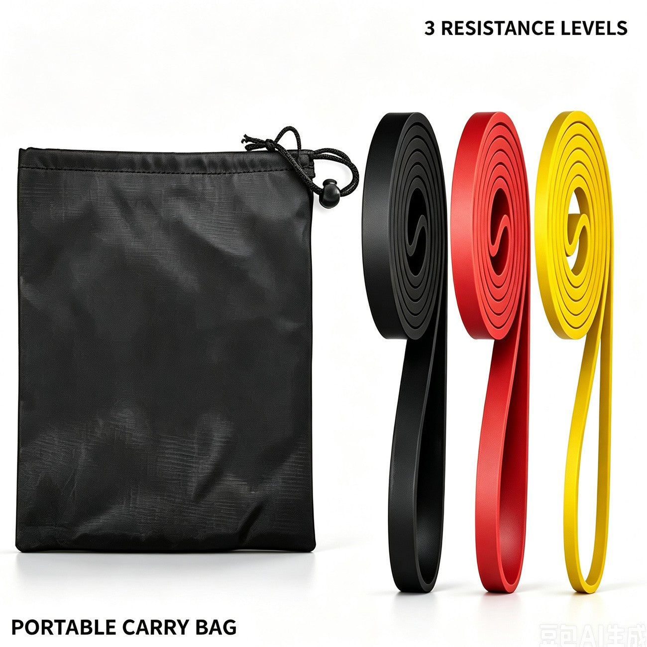 Three resistance bands in black, red, and yellow displayed next to a black portable drawstring carry bag on a white background, with text reading '3 RESISTANCE LEVELS' and 'PORTABLE CARRY BAG'.