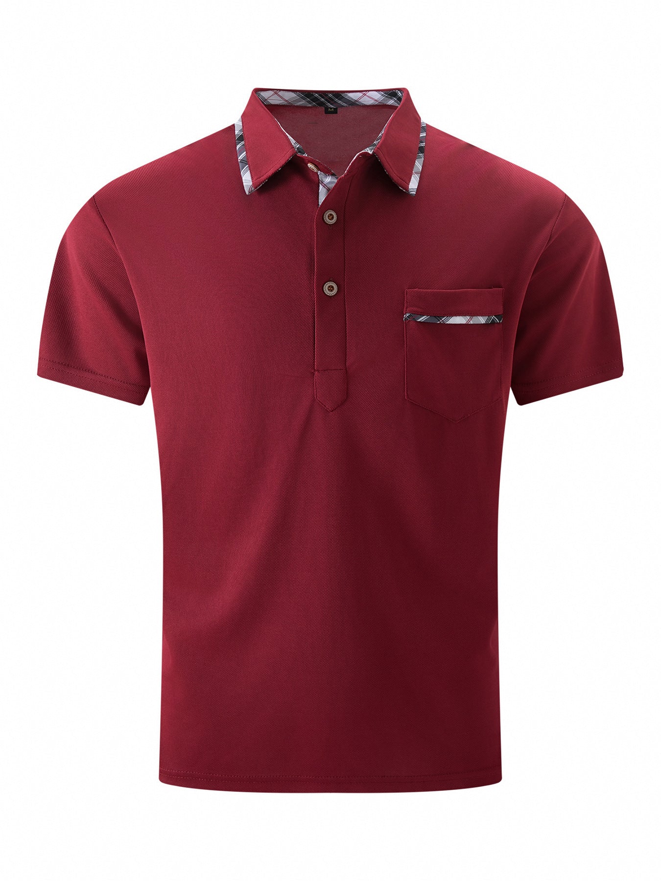 Red polo shirt with patterned collar on a white background
