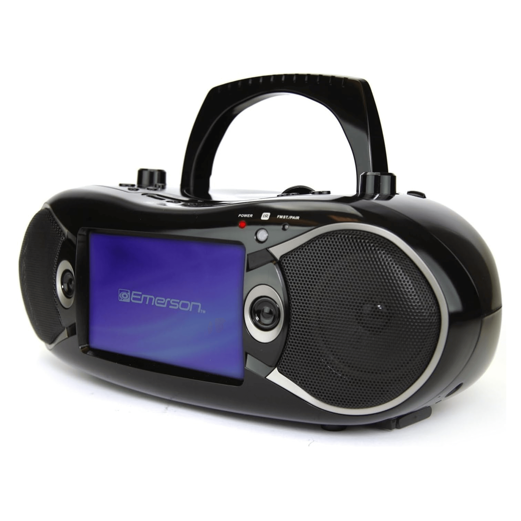 Black Emerson portable radio with screen on a white background