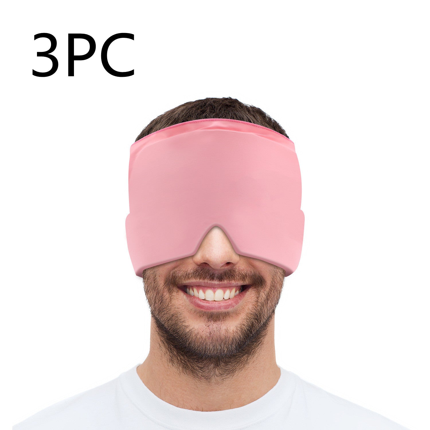 Man wearing a pink sleep mask with '3PC' text above on a white background