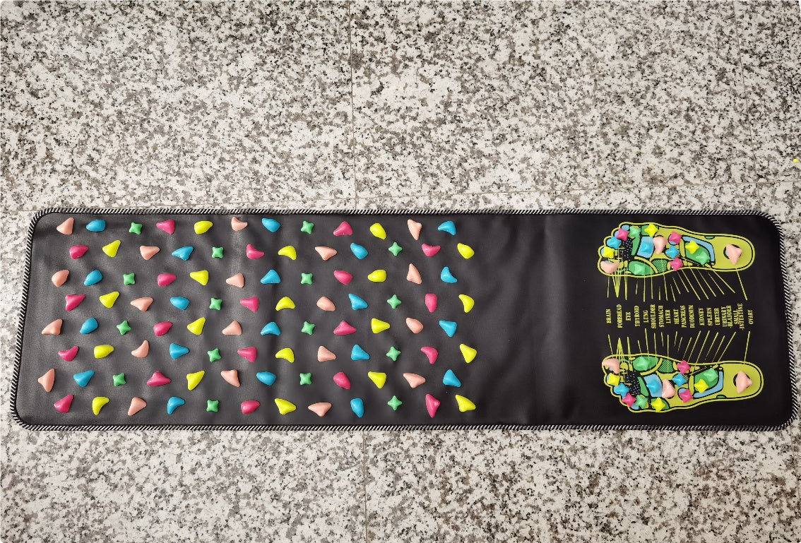 Colorful patterned mat with geometric shapes on a textured surface