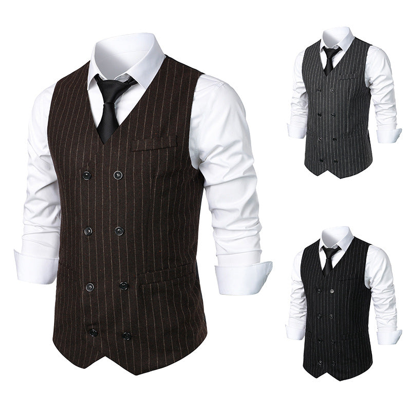Brown pinstripe vest with white shirt and black tie on mannequin against a white background