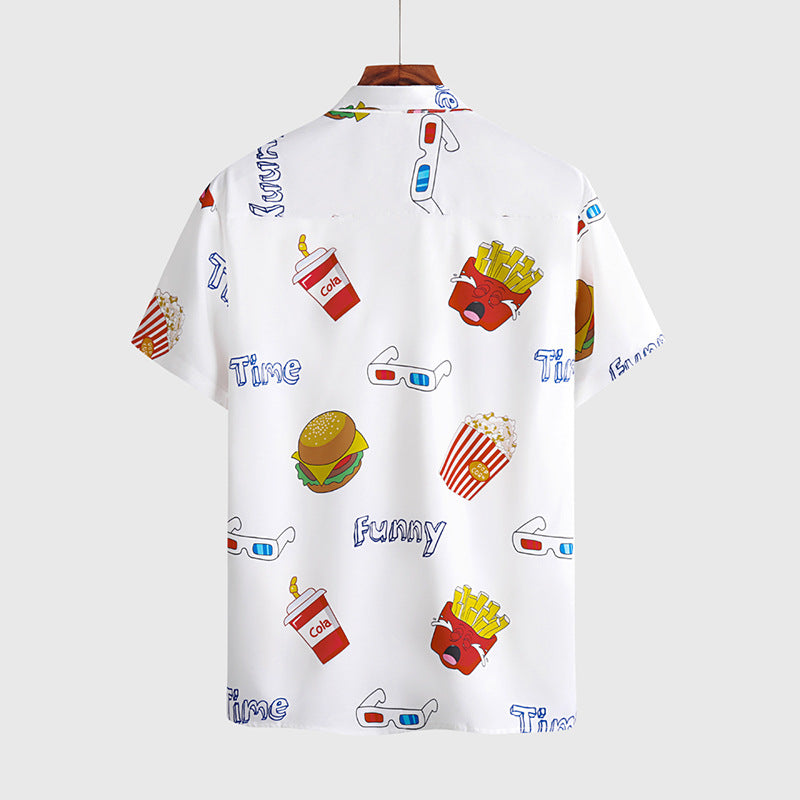 White shirt with colorful graphic designs on a mannequin against a white background