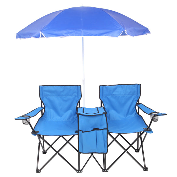 Blue folding chairs with matching umbrella on a white background
