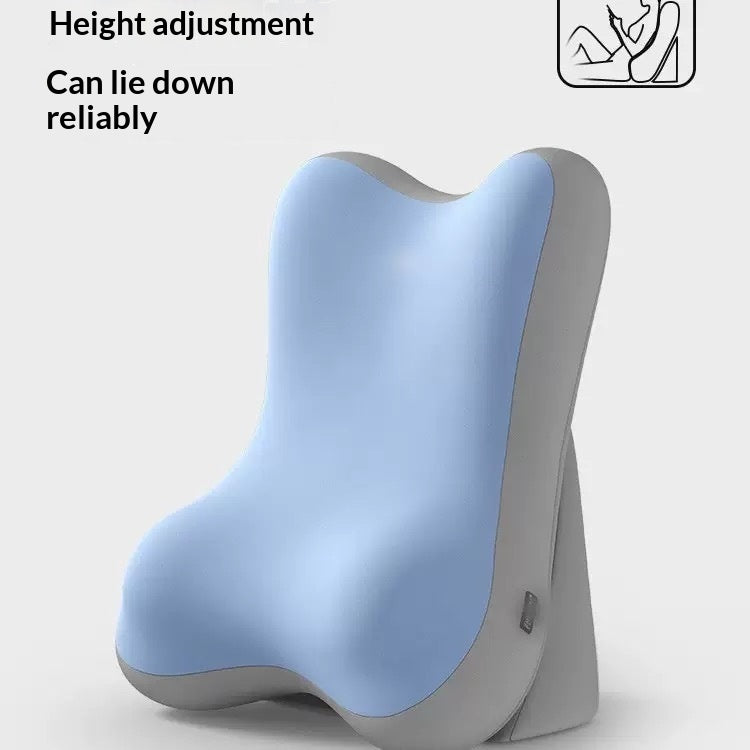 A contoured lumbar support pillow shown on a light gray background with text reading 'Height adjustment' and 'Can lie down reliably,' plus a small icon in the top right demonstrating the reclined position.