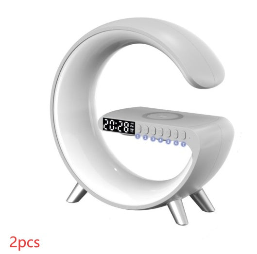 Modern digital clock with crescent moon design on a white background