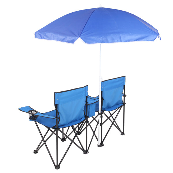 Two blue folding chairs with a matching umbrella on a white background